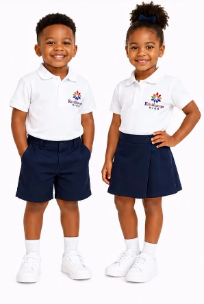 Kaleidoscope Kids uniform — white polo, navy shorts and navy skort, white socks and sneakers